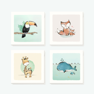 Wenskaarten dieren - set van 4 -kaarten met illustraties van dieren