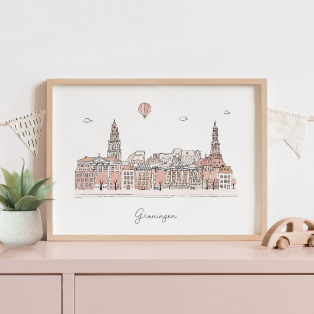 Poster met de skyline van Groningen in aardetinten van Kikker en Prins