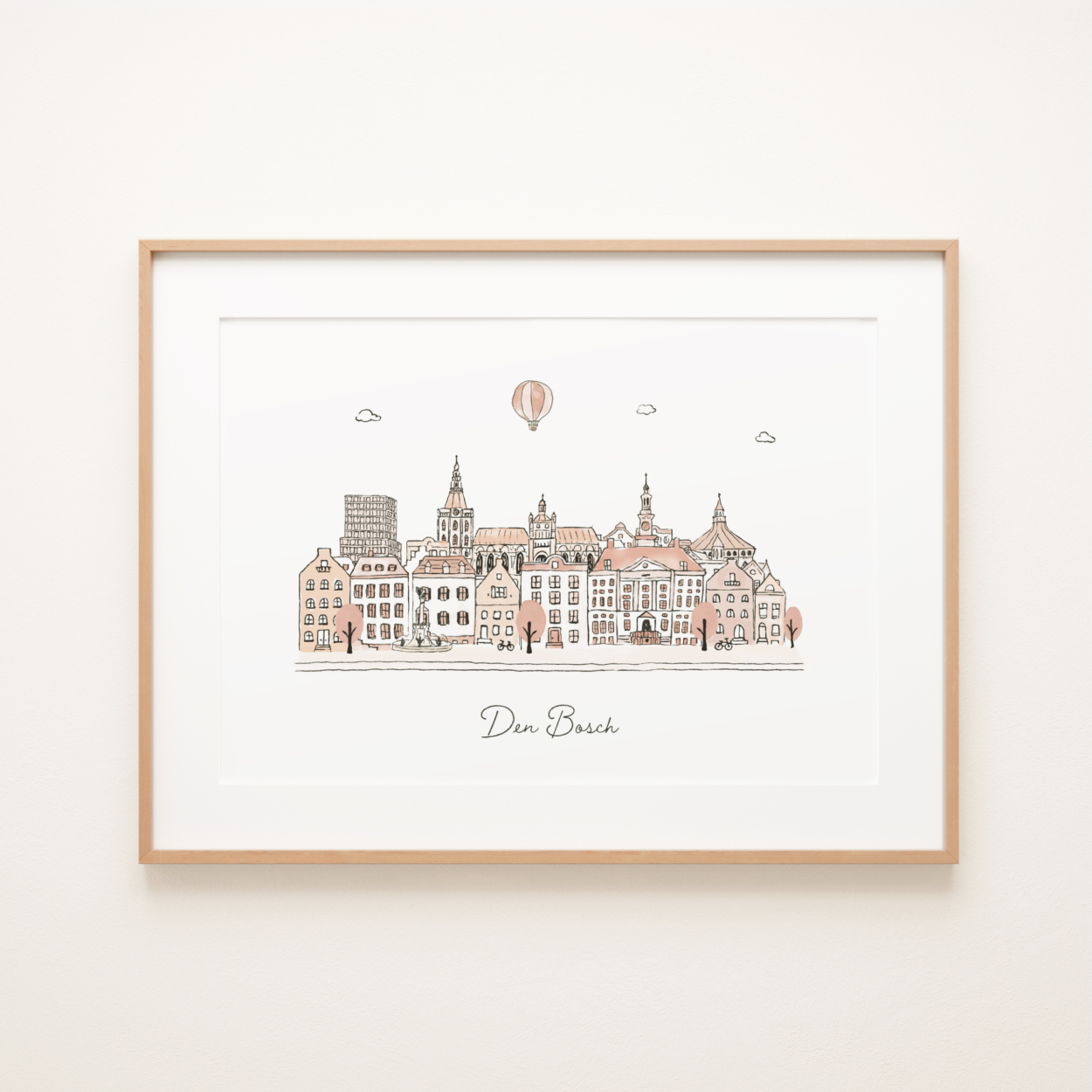 Poster met de skyline van Den Bosch in aardetinten van Kikker en Prins
