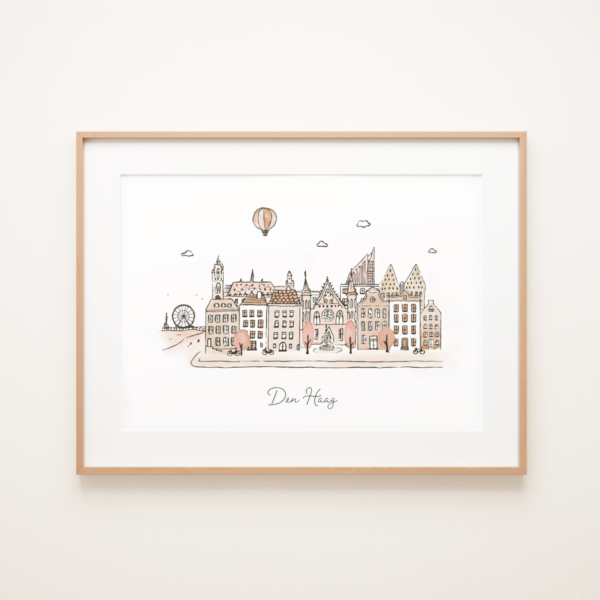 Poster met de skyline van Den Haag in aardetinten van Kikker en Prins