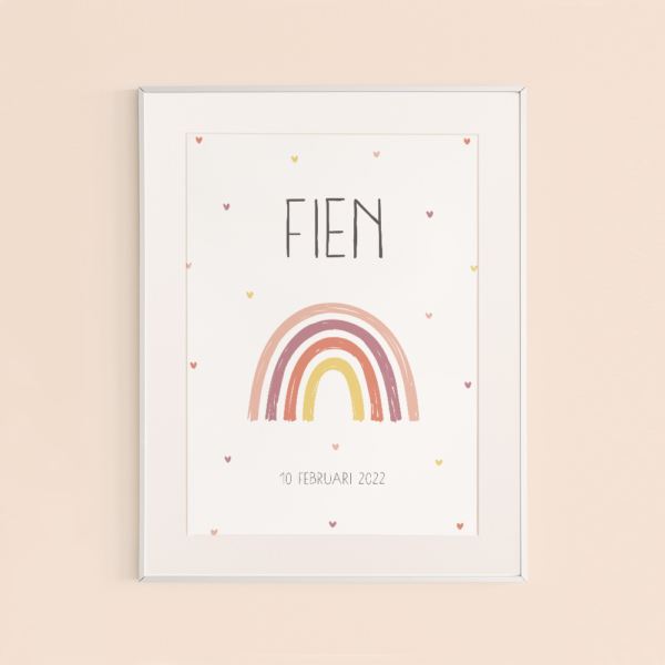 poster bij geboortekaartje Fien met regenboog