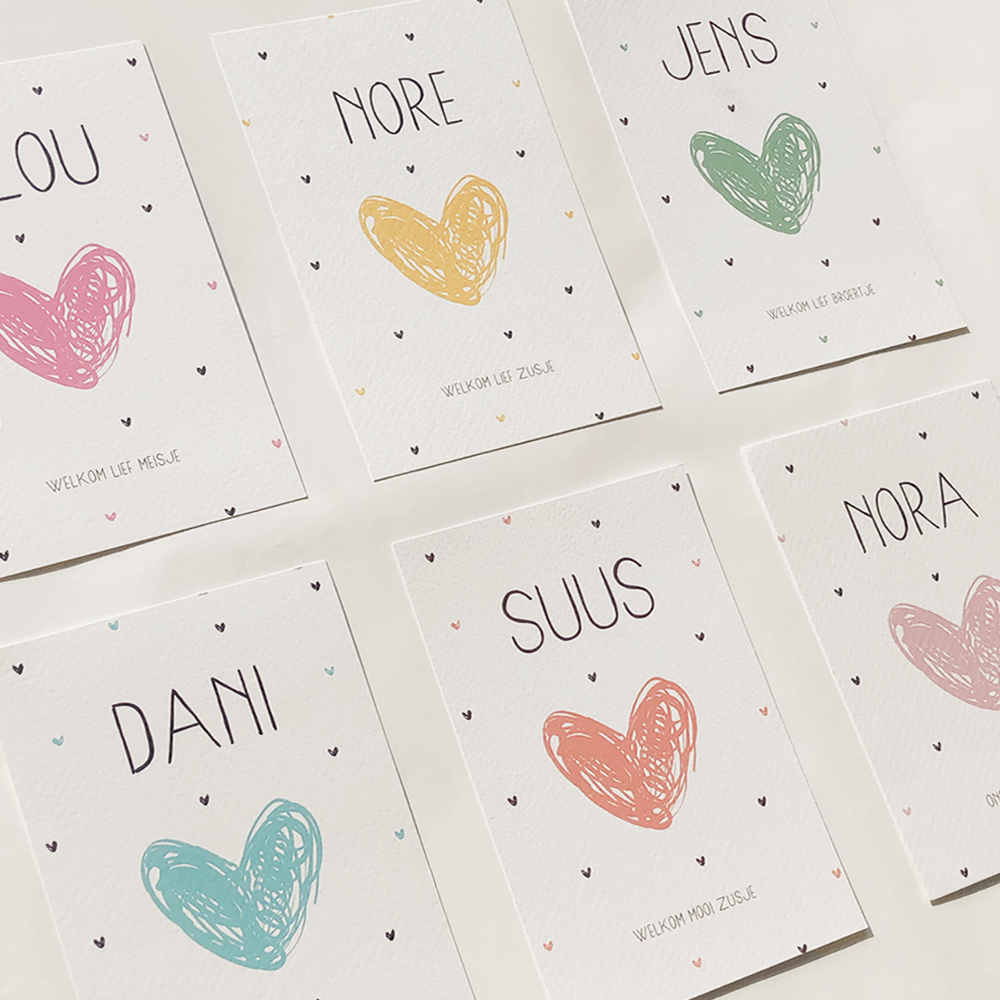 Geboortekaartje Nore in verschillende kleuren: Milou, Jens, Dani, Suus en Nora van Kikker en Prins