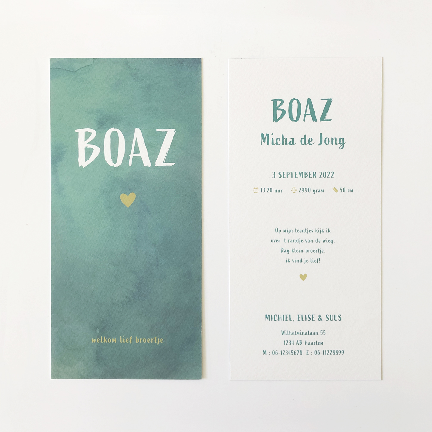 Geboortekaartje Boaz voor een jongetje, met aquarel van Kikker & Prins