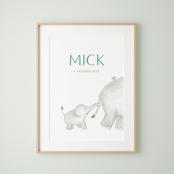 Geboorteposter bij geboortekaartje Mick met olifantjes van Kikker en Prins