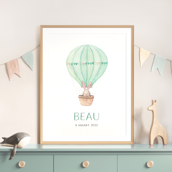 geboortekaartje poster Beau luchtballon met konijntje van Kikker en Prins