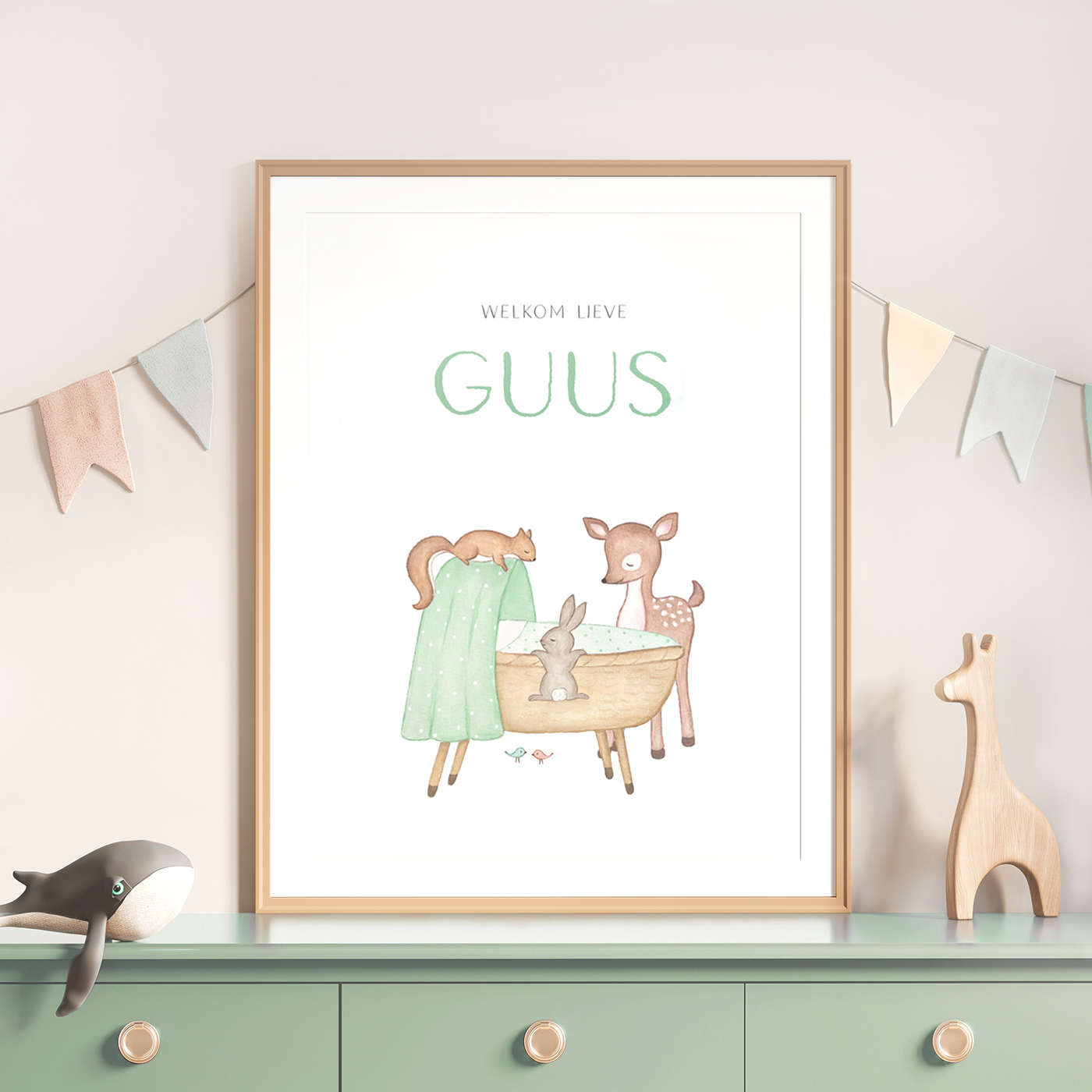 geboortekaartje poster Guus met wiegje en bosdiertjes - van Kikker en Prins
