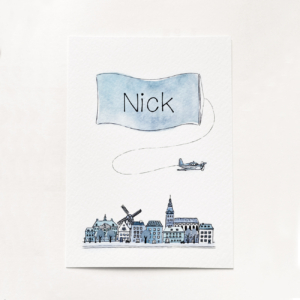 Geboortekaartje Nick - vliegtuig - skyline - Kikker en Prins - voorzijde